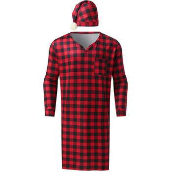 Шапка Карирана роба за сън Мъжки пижами с дълъг ръкав V-образно деколте Ежедневно домашно облекло Едно парче Удобен домашен свободен халат 2023