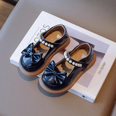 Djevojčice, crne kožne cipele, dječje ležerne ravne cipele s perlastim remenom i mašnom za vjenčanje, prozračne dječje cipele Sweet Mary Jane