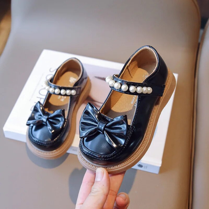 Djevojčice, crne kožne cipele, dječje ležerne ravne cipele s perlastim remenom i mašnom za vjenčanje, prozračne dječje cipele Sweet Mary Jane