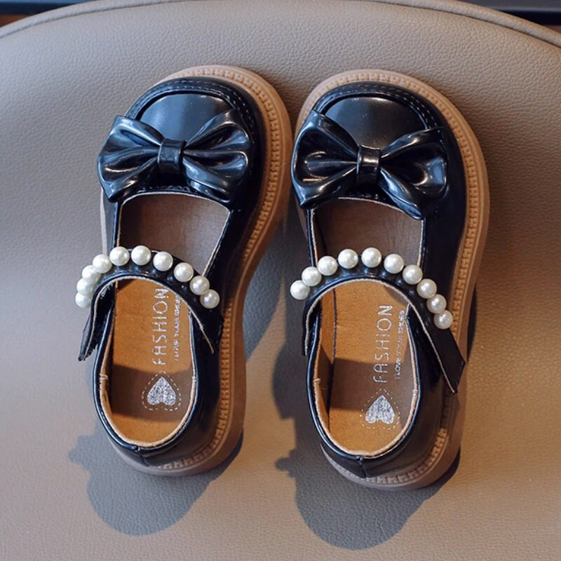 Djevojčice, crne kožne cipele, dječje ležerne ravne cipele s perlastim remenom i mašnom za vjenčanje, prozračne dječje cipele Sweet Mary Jane