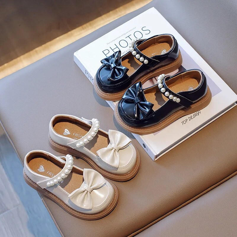 Djevojčice, crne kožne cipele, dječje ležerne ravne cipele s perlastim remenom i mašnom za vjenčanje, prozračne dječje cipele Sweet Mary Jane
