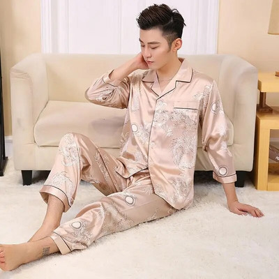 Sárkánymintás kínai férfi bő hálóruha műselyem 2 DB pizsama öltöny tavaszi őszi alkalmi hálóruha teljes ujjú nadrág otthoni viselet