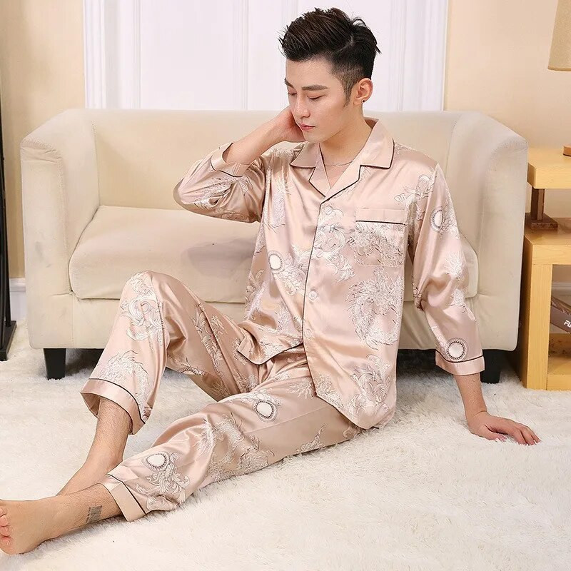 Sárkánymintás kínai férfi bő hálóruha műselyem 2 DB pizsama öltöny tavaszi őszi alkalmi hálóruha teljes ujjú nadrág otthoni viselet