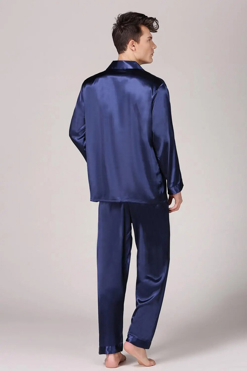 Tumši zils vīriešu augstas kvalitātes pidžamas komplekts satīna zīda vīriešu ikdienas naktsveļa guļamveļa naktskrekls halāts халат мужской пижама Peignoir