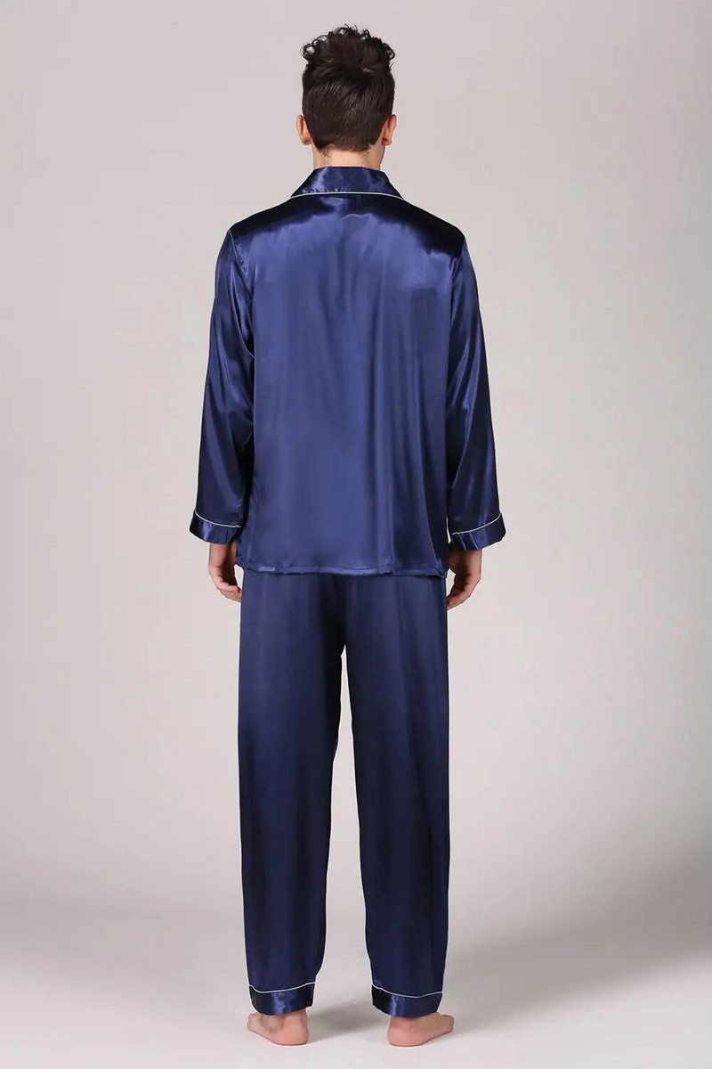 Tumši zils vīriešu augstas kvalitātes pidžamas komplekts satīna zīda vīriešu ikdienas naktsveļa guļamveļa naktskrekls halāts халат мужской пижама Peignoir
