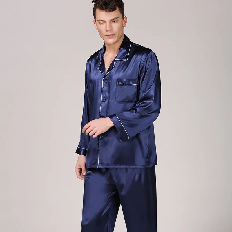 Tumši zils vīriešu augstas kvalitātes pidžamas komplekts satīna zīda vīriešu ikdienas naktsveļa guļamveļa naktskrekls halāts халат мужской пижама Peignoir