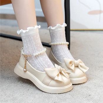 Кожени обувки за момиче Плитка модна панделка с перлена верига с панделка Деца Mary Janes Елегантни черно-бели есенни детски обувки на принцеса