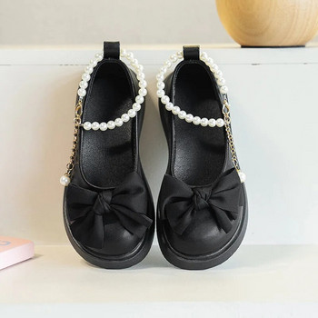 Δερμάτινα παπούτσια για κορίτσι ρηχά μόδα κορδέλα παπιγιόν μαργαριτάρι Παιδική αλυσίδα Mary Janes Κομψά μαύρα λευκά φθινοπωρινά παιδικά παπούτσια πριγκίπισσας