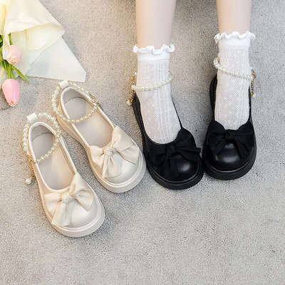 Mergaičių odiniai batai Seklios mados juostelės Bowknot Pearl grandinėlė vaikams Mary Janes Elegantiški juodai balti rudens vaikiški princesių batai