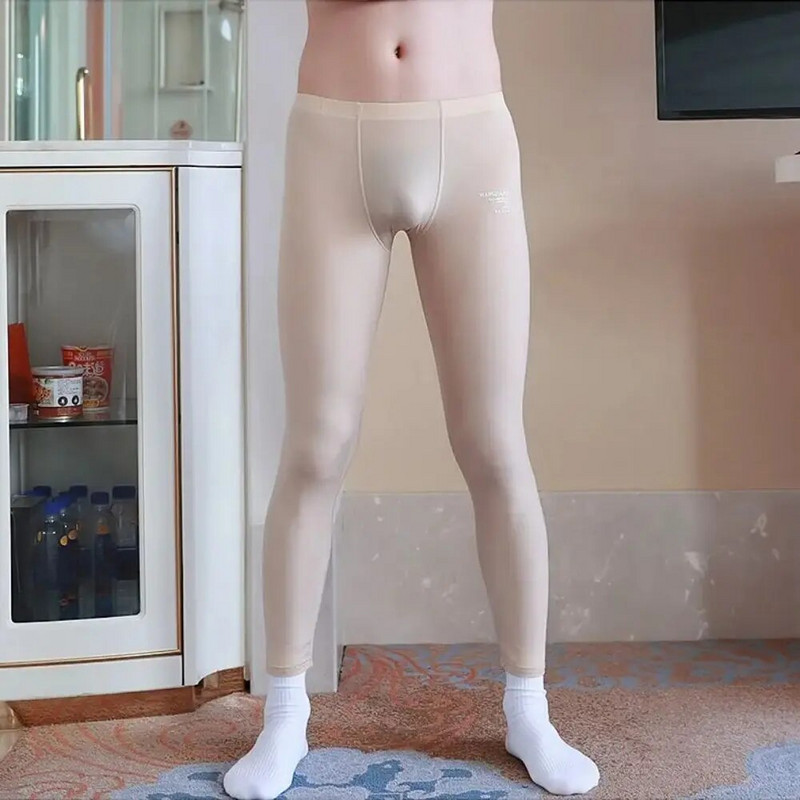 Férfi Sleep Ice Selyem Fitness Szűk Leggings Nadrág Szexi Sissy Bugle Pouch Hálóruha Lounge Wear Slip Homme nadrág 3XL