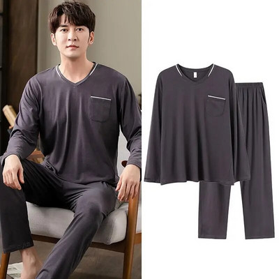 Muške pamučne široke pidžame od 2 kom L-3XL Proljeće Jesen Ležerna kućna odjeća Majica s V-izrezom i hlače za spavanje Jednostavna spavaćica