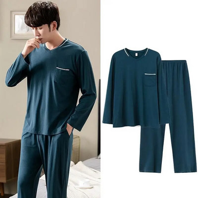 Muške pamučne široke pidžame od 2 kom L-3XL Proljeće Jesen Ležerna kućna odjeća Majica s V-izrezom i hlače za spavanje Jednostavna spavaćica