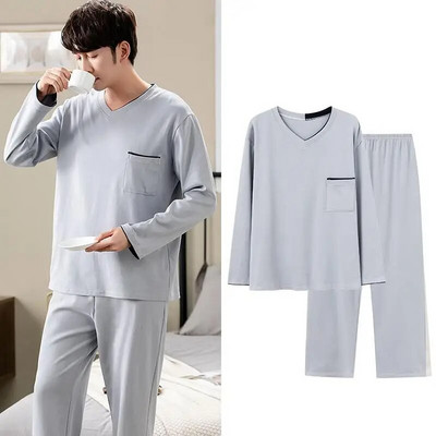Muške pamučne široke pidžame od 2 kom L-3XL Proljeće Jesen Ležerna kućna odjeća Majica s V-izrezom i hlače za spavanje Jednostavna spavaćica