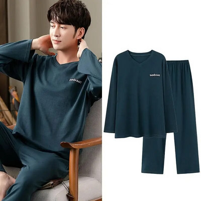 Muške pamučne široke pidžame od 2 kom L-3XL Proljeće Jesen Ležerna kućna odjeća Majica s V-izrezom i hlače za spavanje Jednostavna spavaćica