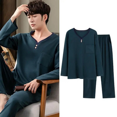 Muške pamučne široke pidžame od 2 kom L-3XL Proljeće Jesen Ležerna kućna odjeća Majica s V-izrezom i hlače za spavanje Jednostavna spavaćica
