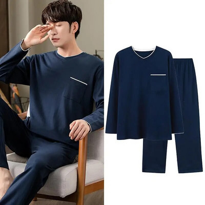 Muške pamučne široke pidžame od 2 kom L-3XL Proljeće Jesen Ležerna kućna odjeća Majica s V-izrezom i hlače za spavanje Jednostavna spavaćica