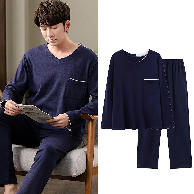 Muške pamučne široke pidžame od 2 kom L-3XL Proljeće Jesen Ležerna kućna odjeća Majica s V-izrezom i hlače za spavanje Jednostavna spavaćica