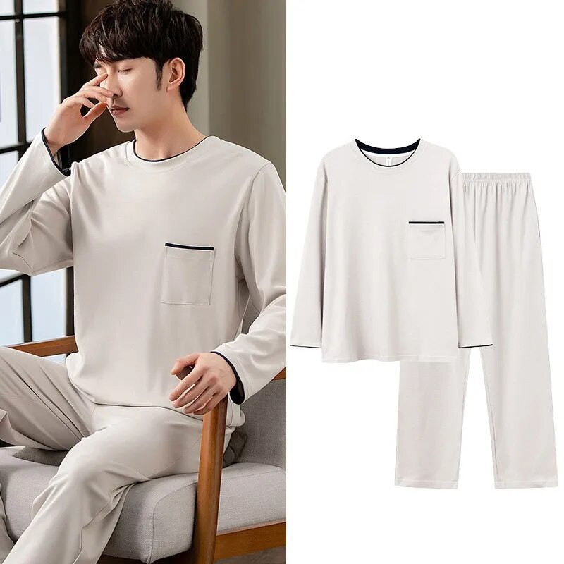 Muške pamučne široke pidžame od 2 kom L-3XL Proljeće Jesen Ležerna kućna odjeća Majica s V-izrezom i hlače za spavanje Jednostavna spavaćica