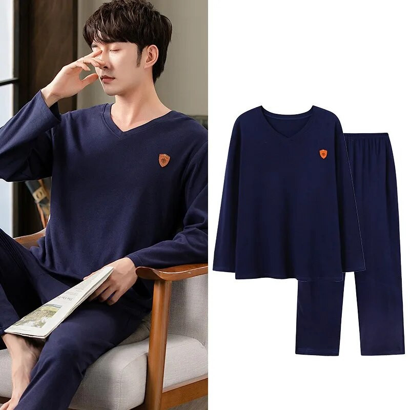Muške pamučne široke pidžame od 2 kom L-3XL Proljeće Jesen Ležerna kućna odjeća Majica s V-izrezom i hlače za spavanje Jednostavna spavaćica