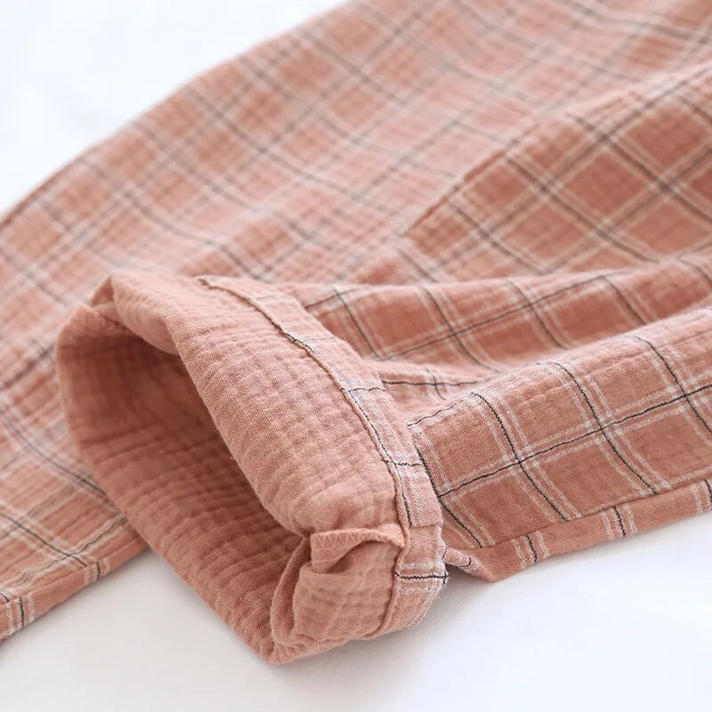 Japanske nove proljetne i jesenske karirane hlače od pamučne krep tkanine za muškarce i žene, kućne hlače velike veličine, jednostavne ležerne hlače