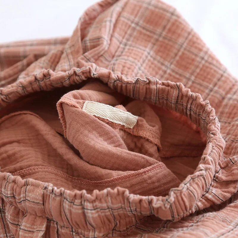 Japanske nove proljetne i jesenske karirane hlače od pamučne krep tkanine za muškarce i žene, kućne hlače velike veličine, jednostavne ležerne hlače