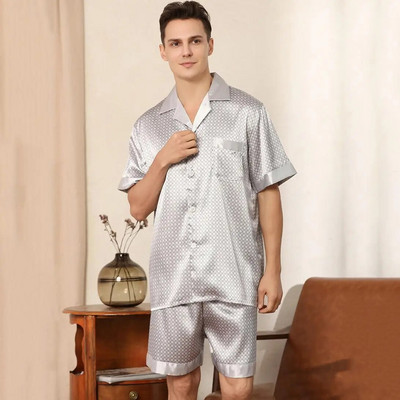 Proljeće Ljeto Ice Silk 2PCS Pidžama Odijelo S-XXL Muška široka kućna odjeća Modni print kratkih rukava Kratke hlače za spavanje Široka spavaćica