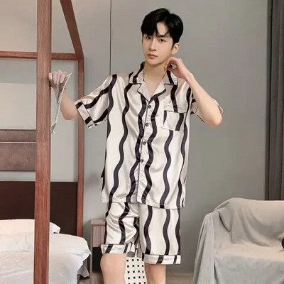 Svileni preveliki muški udobni kućni odjevni predmeti za spavanje od 90 kg, pidžame, ljetni set, ležerni set s rukavima, pidžame za slobodno vrijeme