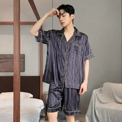 Svileni preveliki muški udobni kućni odjevni predmeti za spavanje od 90 kg, pidžame, ljetni set, ležerni set s rukavima, pidžame za slobodno vrijeme