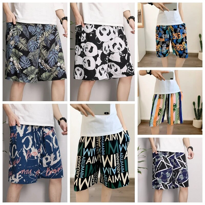 Jaunas vīriešu pidžamas pavasara un vasaras plānas daļas brīvas guļamveļas Modes apdruka Ģeometrijas šorti Kokvilnas zīda mājas valkāšanai pludmales bikses