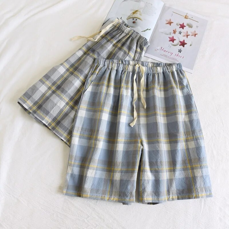 Ikdienas rūtaini šorti vīriešiem miega apakšas naktsveļa bikses 100% marles kokvilnas modes mājas šorti vienkārši pidžamas šorti vīriešiem