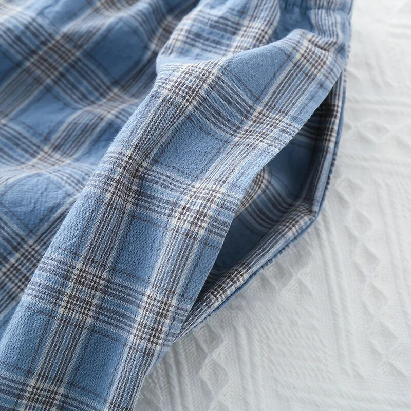 Vasaras plānās kokvilnas vīriešu pidžamas bikses pavasarim un rudenim guļamveļa Plaids Dizaina brīvas gaisa kondicionētās mājas pidžamas bikses