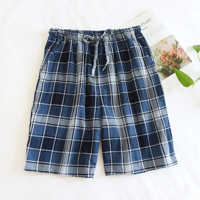 Ljeto 2023., nove muške salonske pidžame hlače s uzicom i elastičnim strukom, labave donjice za spavanje, muške plave karirane široke kućne kratke hlače