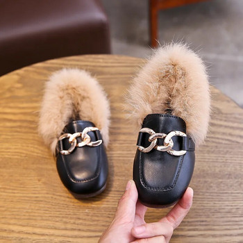 JGSHOWKITO Παιδικά Δερμάτινα Παπούτσια 2023 Φθινόπωρο Χειμώνας Κορίτσια Flats με χοντρό βαμβάκι Ζεστό Παιδικό Αγόρι Μαύρα Loafers Μόδα Μαλλιαρή Γούνα