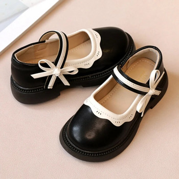 Φθινοπωρινά νέα δερμάτινα παπούτσια για κορίτσια Παπιγιόν Μαύρο Μπεζ Σχολικό Causal Children Flat Elegant Round Toe Fashion Patchwork Kids Mary Janes