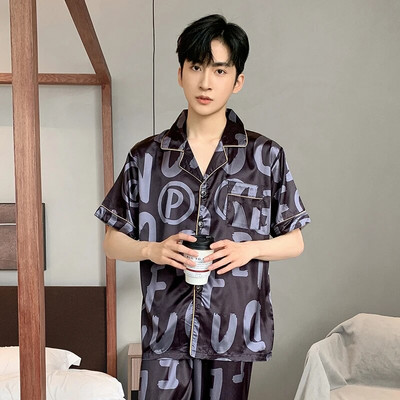 Vīriešu naktsveļa zīda satīna pidžamu komplekti pidžamas komplekti īsām piedurknēm miegam mājas apģērbi vīrietim 2 gabalu komplekti mājas kostīmi pidžamas L-5XL