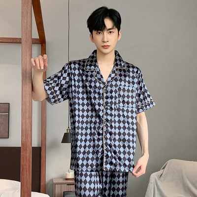 Vīriešu naktsveļa zīda satīna pidžamu komplekti pidžamas komplekti īsām piedurknēm miegam mājas apģērbi vīrietim 2 gabalu komplekti mājas kostīmi pidžamas L-5XL