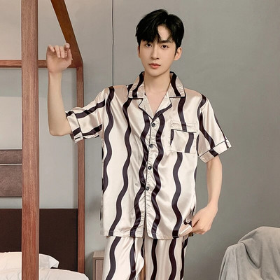 Vīriešu naktsveļa zīda satīna pidžamu komplekti pidžamas komplekti īsām piedurknēm miegam mājas apģērbi vīrietim 2 gabalu komplekti mājas kostīmi pidžamas L-5XL