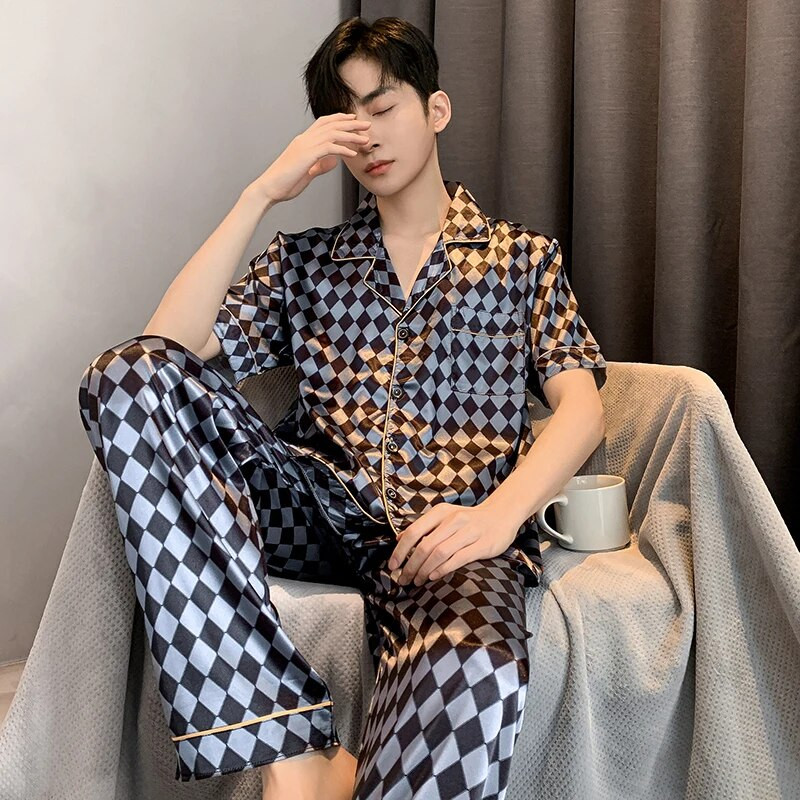 Vīriešu naktsveļa zīda satīna pidžamu komplekti pidžamas komplekti īsām piedurknēm miegam mājas apģērbi vīrietim 2 gabalu komplekti mājas kostīmi pidžamas L-5XL