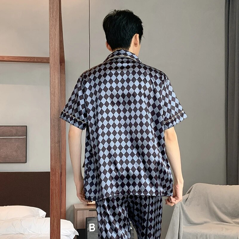 Vīriešu naktsveļa zīda satīna pidžamu komplekti pidžamas komplekti īsām piedurknēm miegam mājas apģērbi vīrietim 2 gabalu komplekti mājas kostīmi pidžamas L-5XL