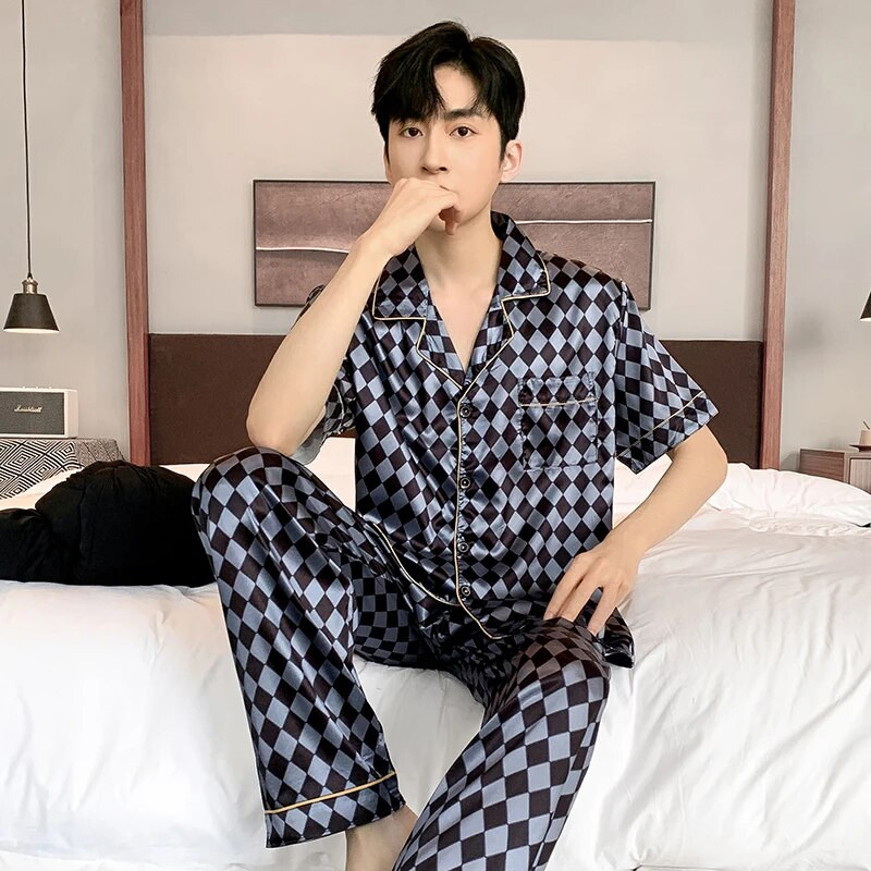 Vīriešu naktsveļa zīda satīna pidžamu komplekti pidžamas komplekti īsām piedurknēm miegam mājas apģērbi vīrietim 2 gabalu komplekti mājas kostīmi pidžamas L-5XL