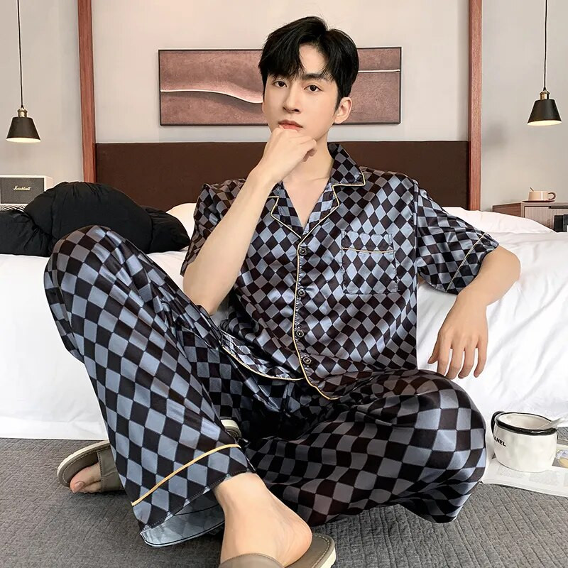 Vīriešu naktsveļa zīda satīna pidžamu komplekti pidžamas komplekti īsām piedurknēm miegam mājas apģērbi vīrietim 2 gabalu komplekti mājas kostīmi pidžamas L-5XL