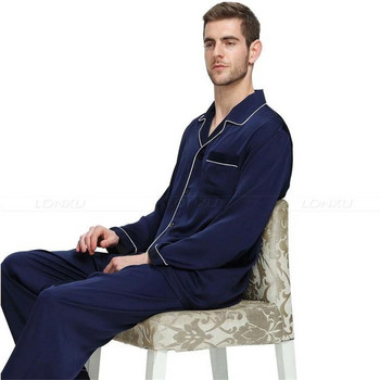 2 τεμάχια νυχτερινά σετ ανδρικά μακρυμάνικα μπλουζάκια με γυριστό γιακά + μακρύ παντελόνι για τον ανοιξιάτικο φθινοπωρινό ύπνο στο σπίτι Ρούχα S/M/L/XL/XXL
