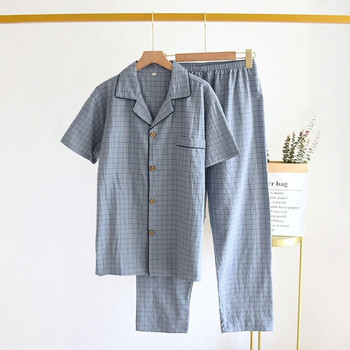 Fdfklak Карирана пижама с принт Мъжка лятна 2022 г. Нова тънка пижама с ревер с къс ръкав Спално облекло Костюм Мъжка пижама