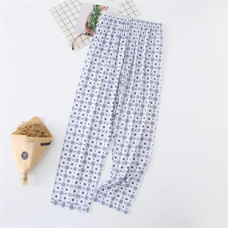 Jesenske višebojne printane muške tanke pamučne pidžame Hlače s klima uređajem Uvećane široke kućne duge hlače protiv komaraca