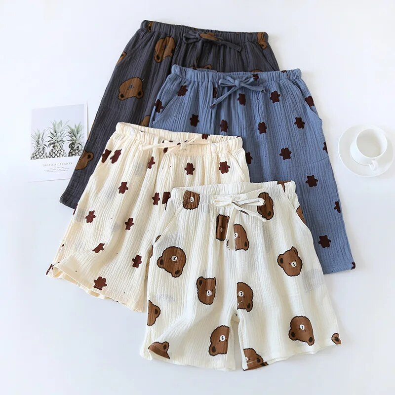 Vīriešu kokvilnas šorti brīvi, glīti, lāča apdruku, pidžamas, pāra sieviešu mājas šorti, guļamveļa atpūtas telpa, apģērbi, mode, vasaras gultnes