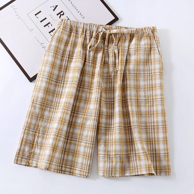 Fdfklak Japanske karirane pidžame hlače Muške ljetne donjice za spavanje Puni pamuk Washed Five Points Home Pant Muške Pantalones De Mujer