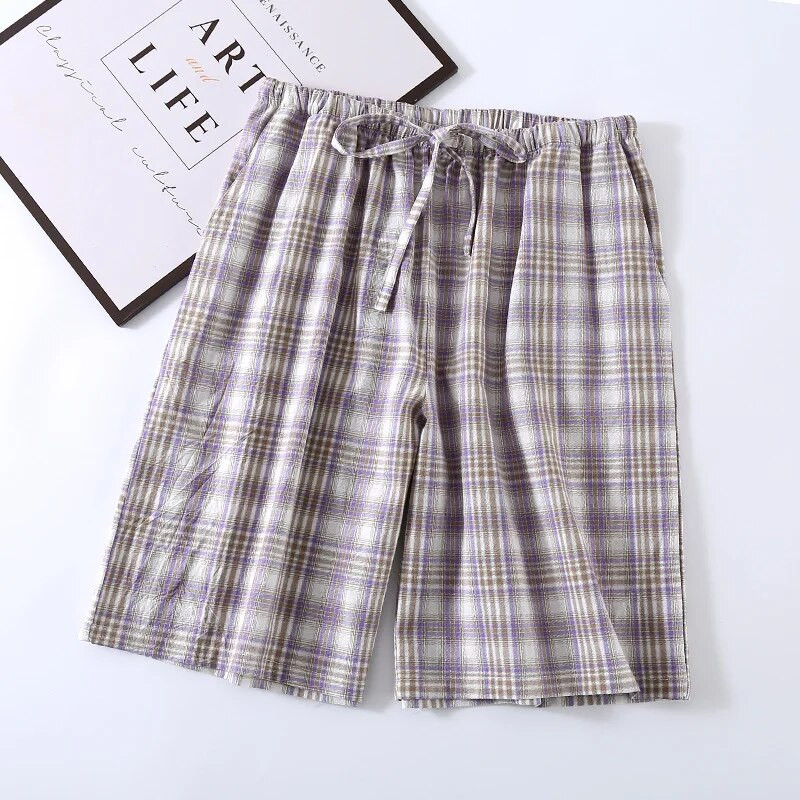 Fdfklak Japanske karirane pidžame hlače Muške ljetne donjice za spavanje Puni pamuk Washed Five Points Home Pant Muške Pantalones De Mujer