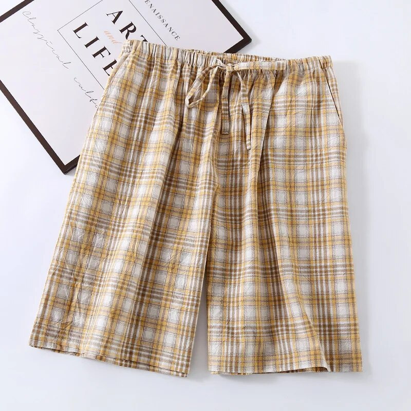 Fdfklak Japanske karirane pidžame hlače Muške ljetne donjice za spavanje Puni pamuk Washed Five Points Home Pant Muške Pantalones De Mujer
