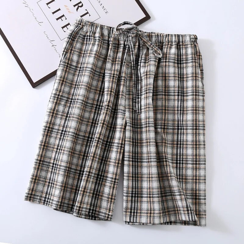 Fdfklak Japanske karirane pidžame hlače Muške ljetne donjice za spavanje Puni pamuk Washed Five Points Home Pant Muške Pantalones De Mujer