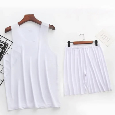 Kezdőlap Nyommentes Ujjatlan Férfi Ruhák Nyári Nyári Rövidnadrágok Vékony öltöny Ruhák Hétköznapi Férfi Nyakú Jégpizsama Kerek Mellény